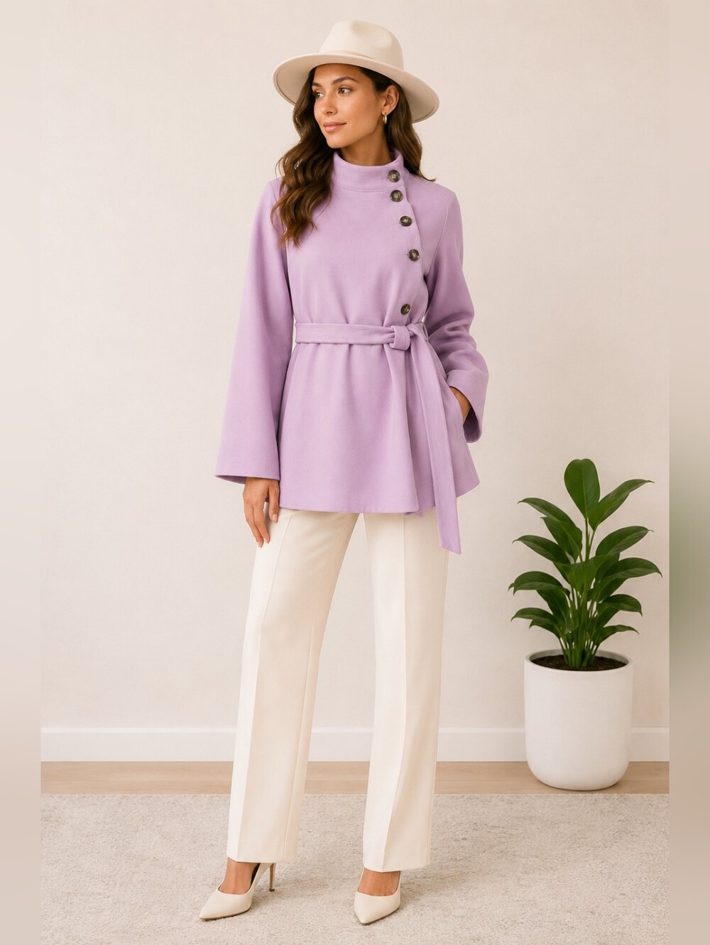 Lavender Belted Mock-Neck Poncho